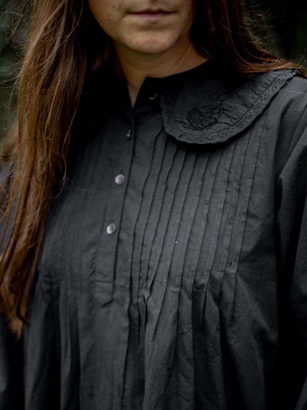 Heirloom Art Co. Kate Black Poplin Maxi Nightgown with Pintuck Front size S - Picture 3 of 16
